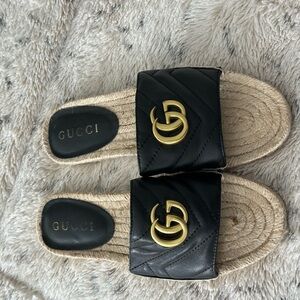 Black Leather Slides with Gold Logo